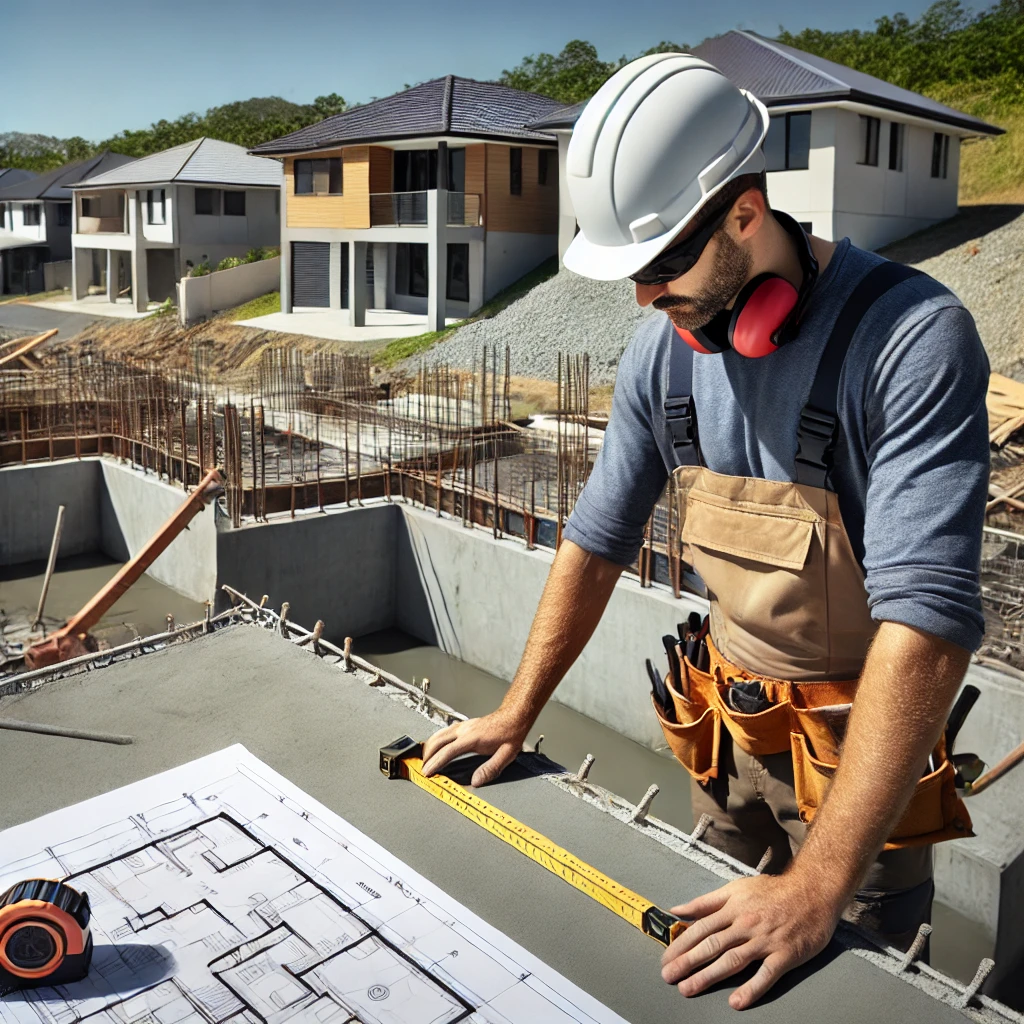 A professional concrete contractor in Bundaberg inspecting a residential concrete slab foundation