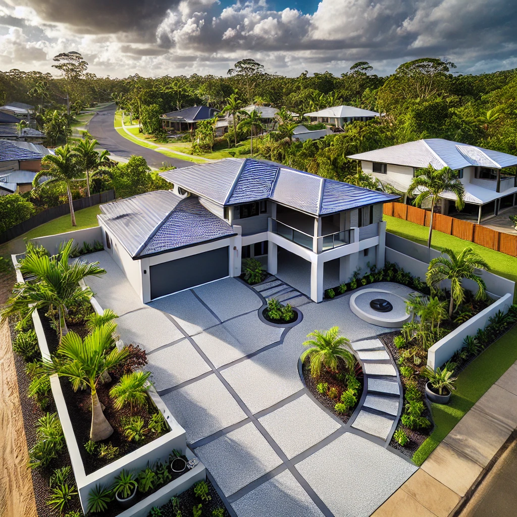 Aerial view of a Queensland home in Avoca West with a new exposed aggregate concrete driveway and patio