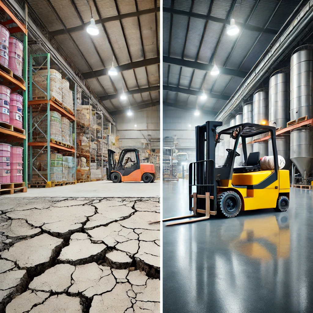 Before-and-after comparison of a restored commercial concrete floor in a Bundaberg industrial setting