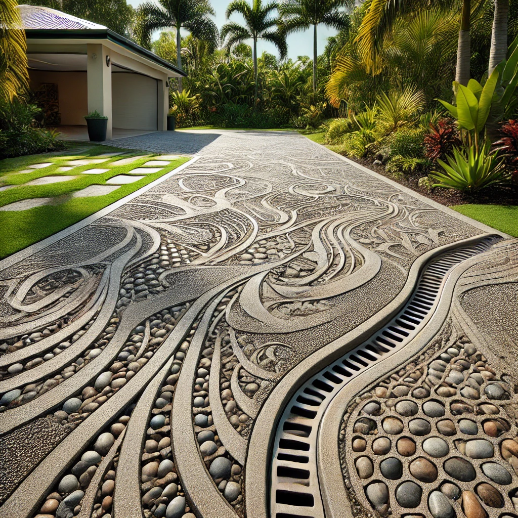 Exposed aggregate concrete driveway with tropical landscaping in Queensland