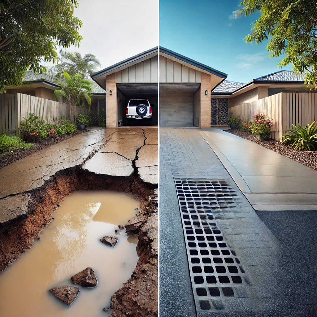 Side-by-side comparison of a flood-damaged driveway and a flood-resistant concrete driveway with drainage