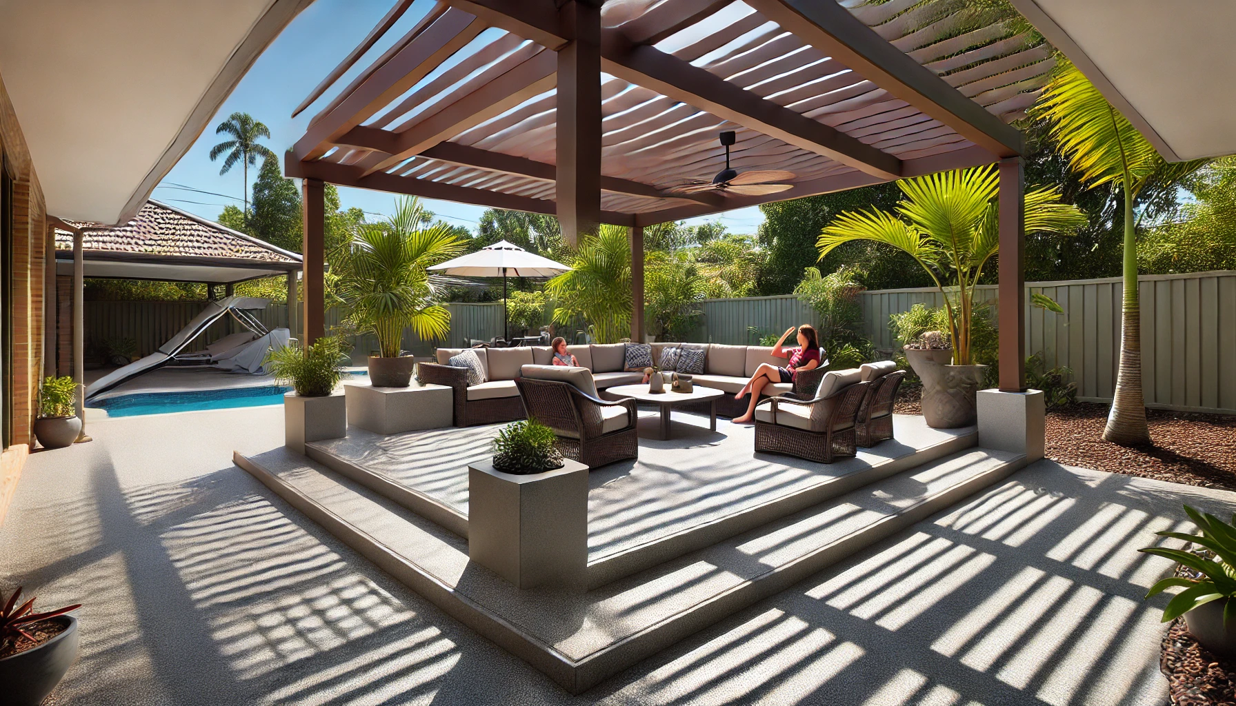 Heat-reflective coloured concrete patio with built-in seating in a Queensland backyard