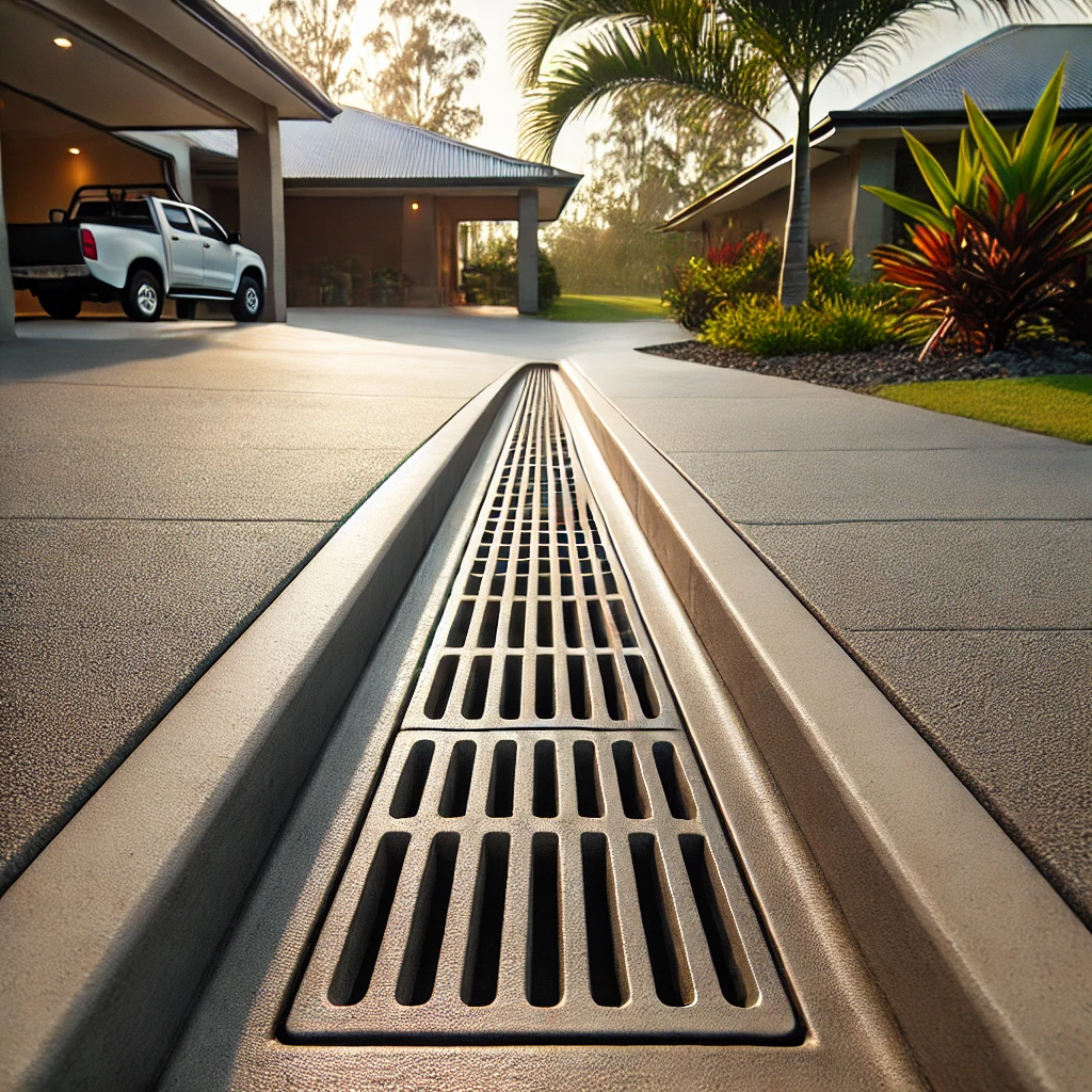Close-up of a new concrete driveway in Bundaberg with sloped drainage channels directing water away from the house