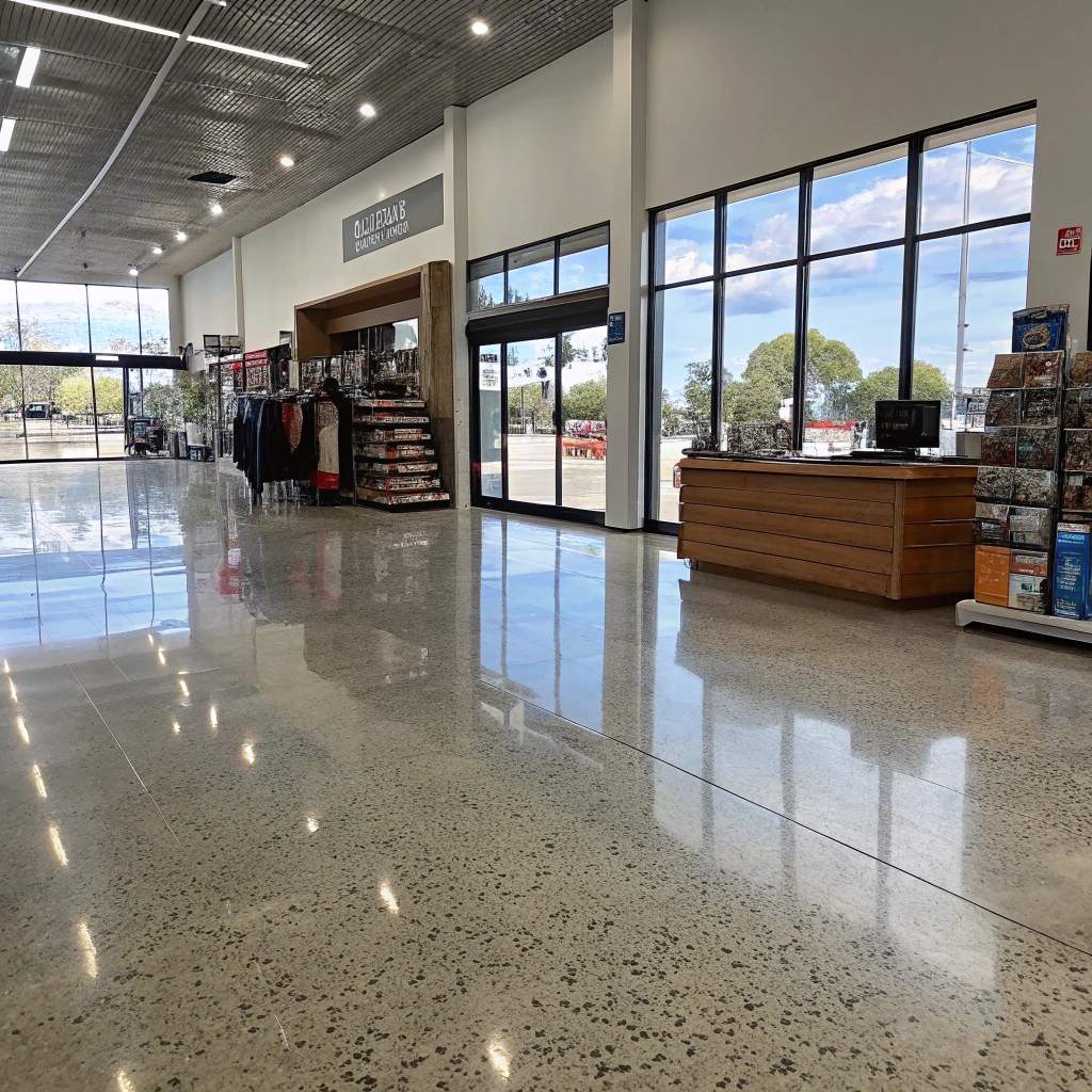 Polished concrete flooring in a Bundaberg commercial interior with retail displays and customer traffic
