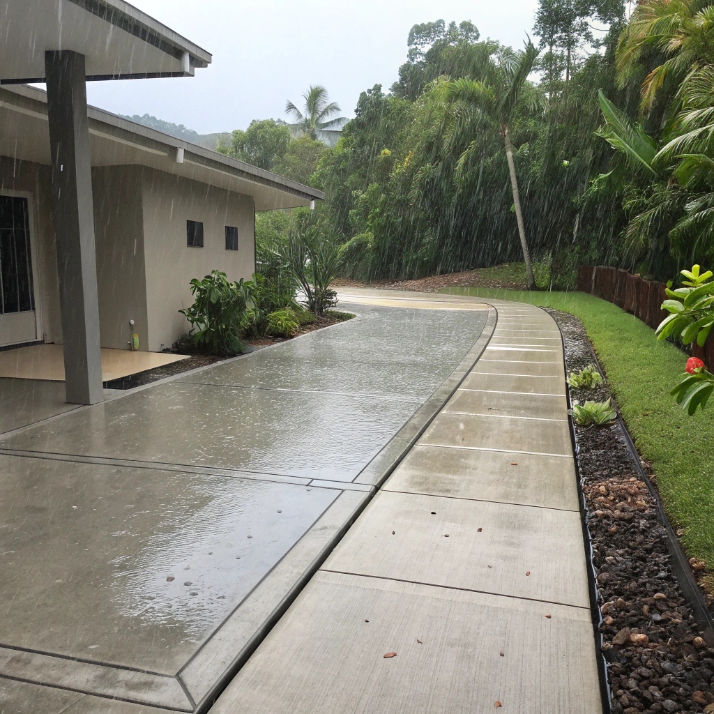 Flood-resistant concrete driveway, featuring specialized drainage system for Queensland's wet season