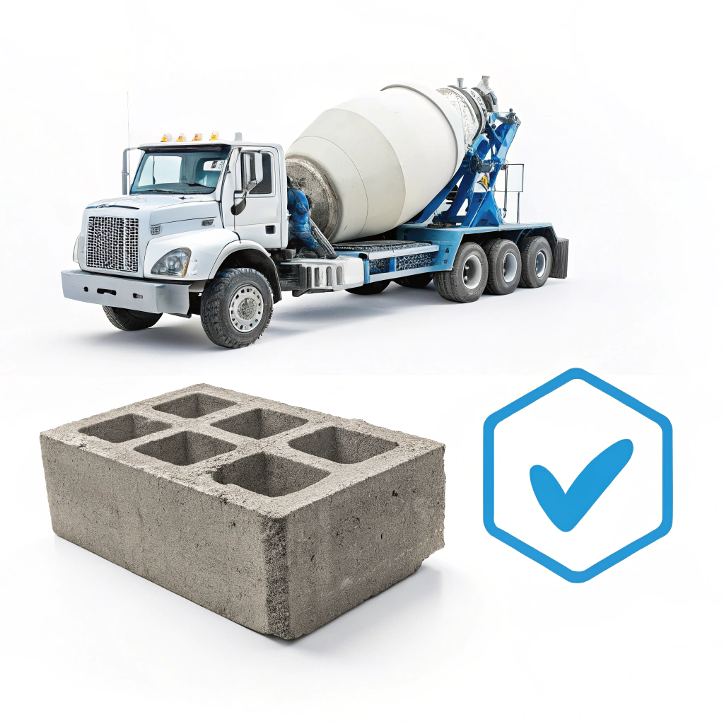 Concrete mixer truck delivering ready-mix concrete for a foundation block