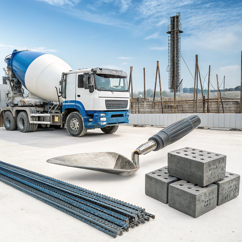 Concrete mixer truck with trowel and steel reinforcement on a residential worksite