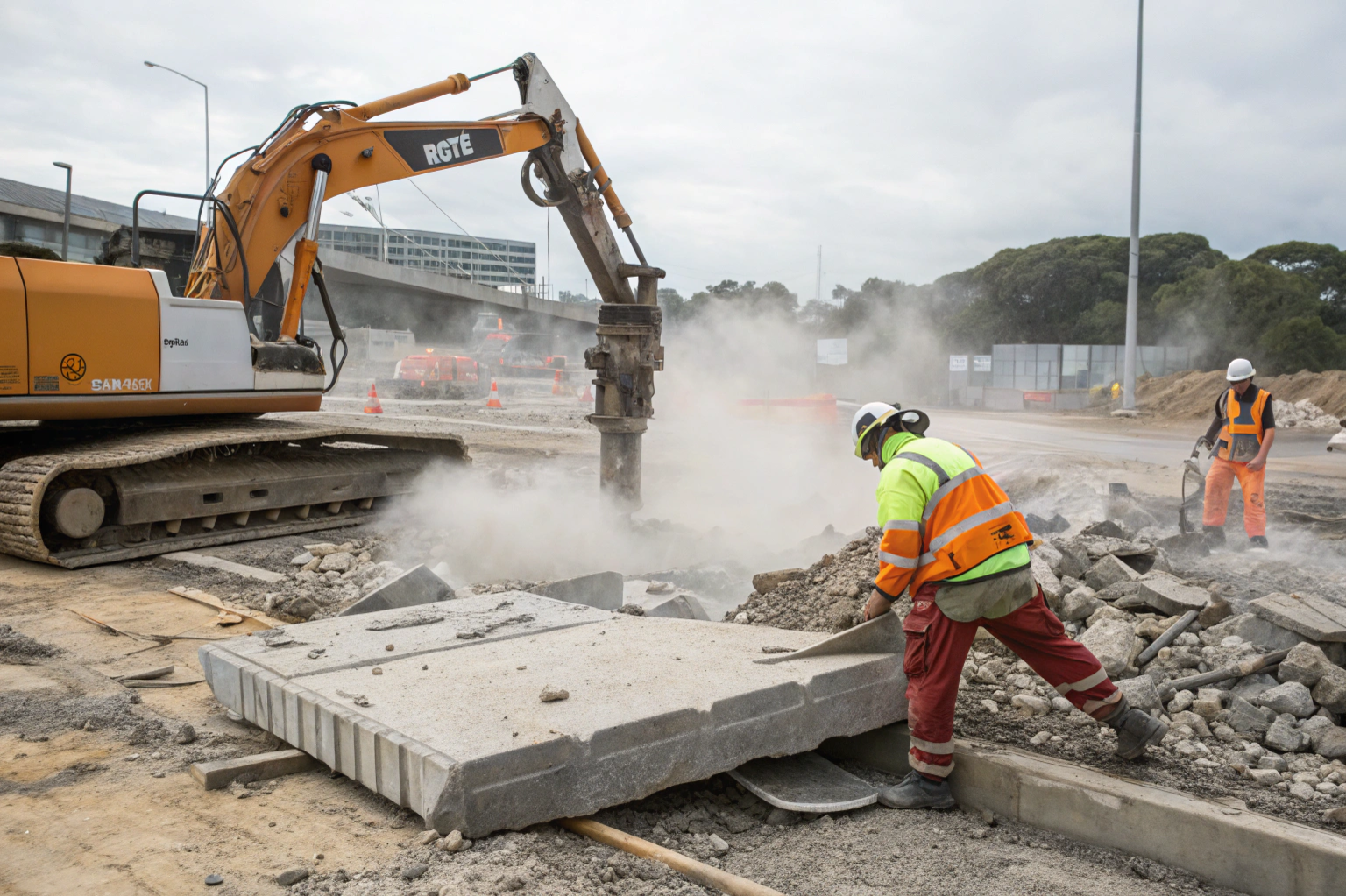 Excavator with a hydraulic breaker demolishing concrete pavement on an Australian worksite