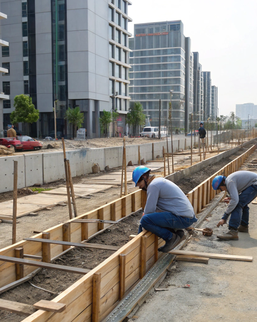 Formwork installed for strip footings on a construction site
