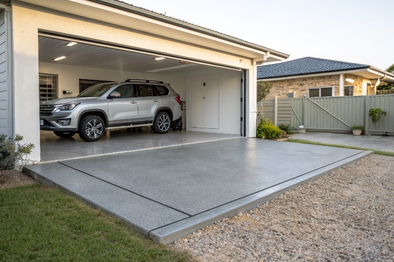 Completed double garage slab with vehicle Bundaberg residential property