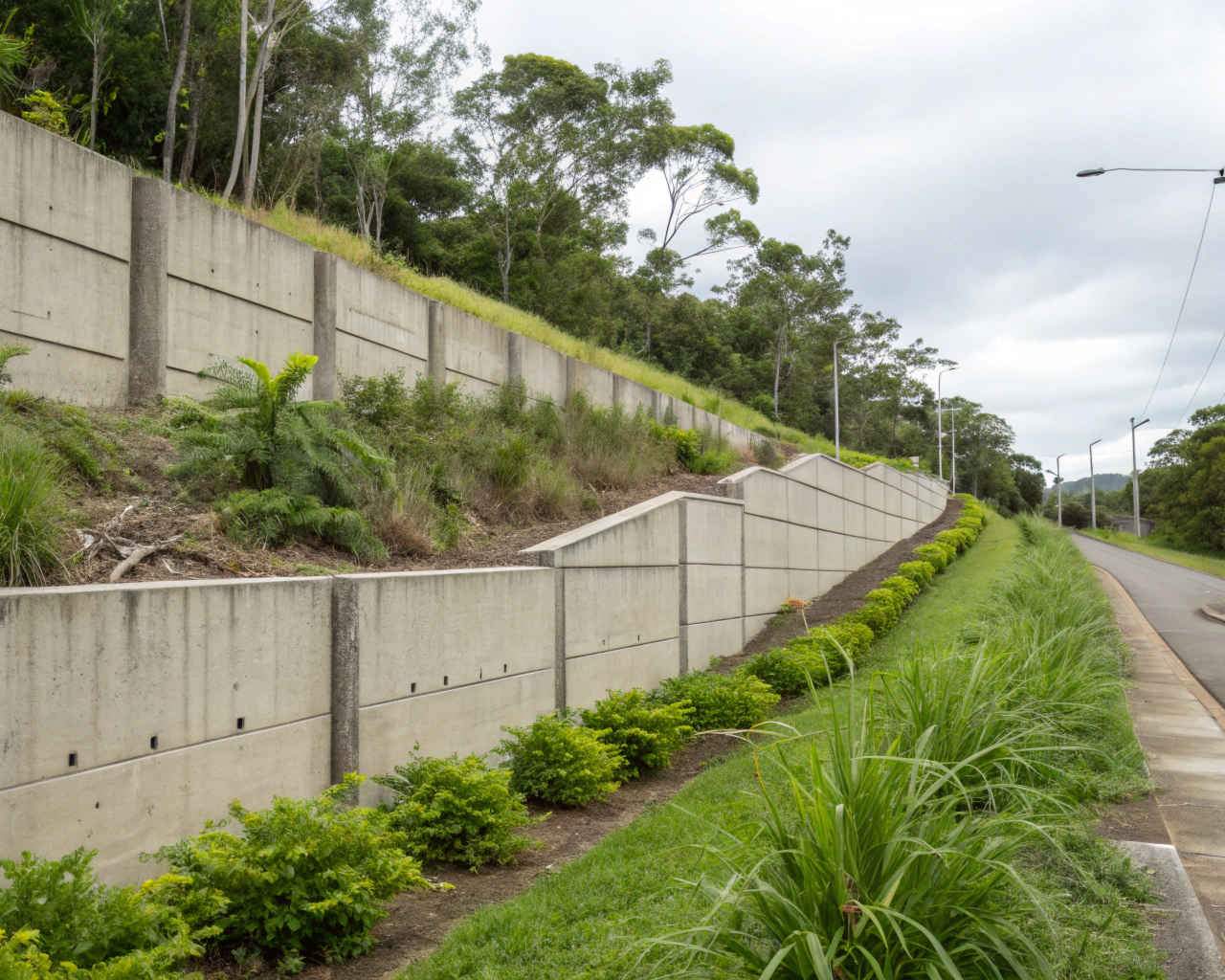 Concrete retaining wall holding back a sloped Bundaberg backyard