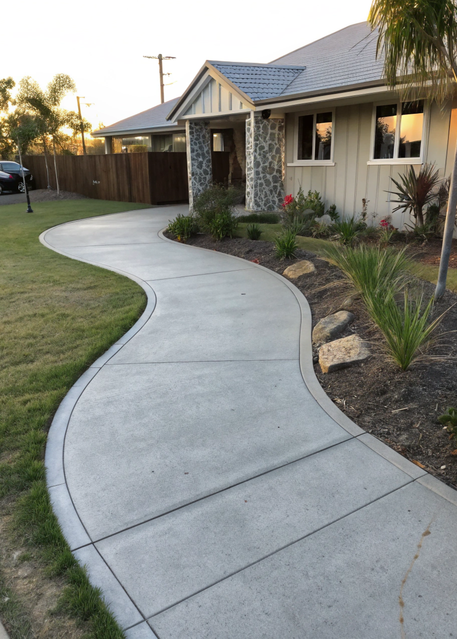 Curved concrete footpath winding through a residential area