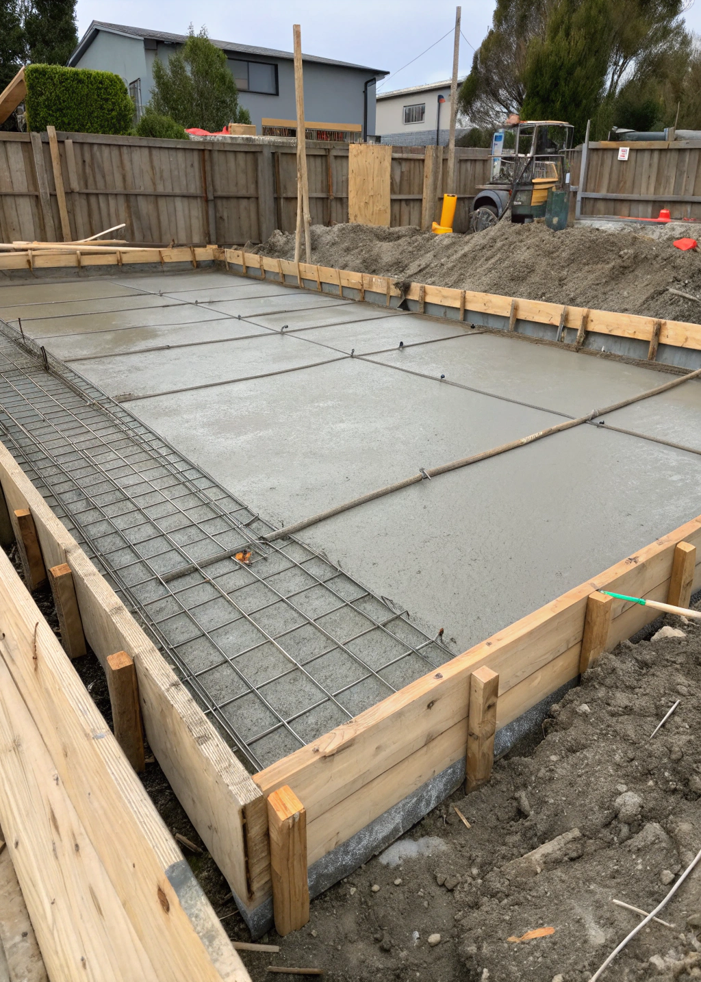 freshly poured concrete slab foundation with steel reinforcement