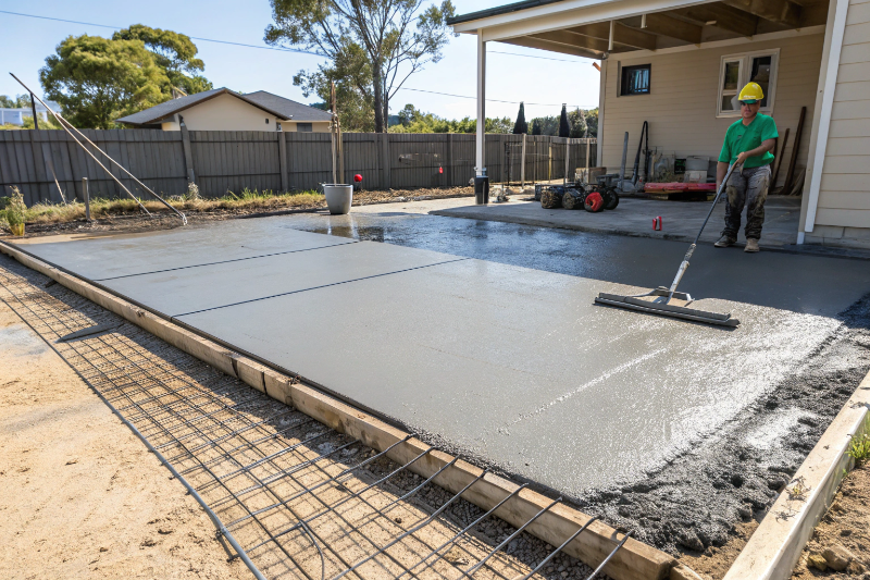 Concreter finishing a freshly poured shed slab with steel mesh reinforcement in Bundaberg