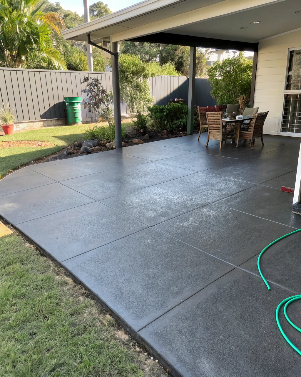 Charcoal-grey coloured concrete finish, an example of the smooth, durable surfaces we install around Bundaberg properties