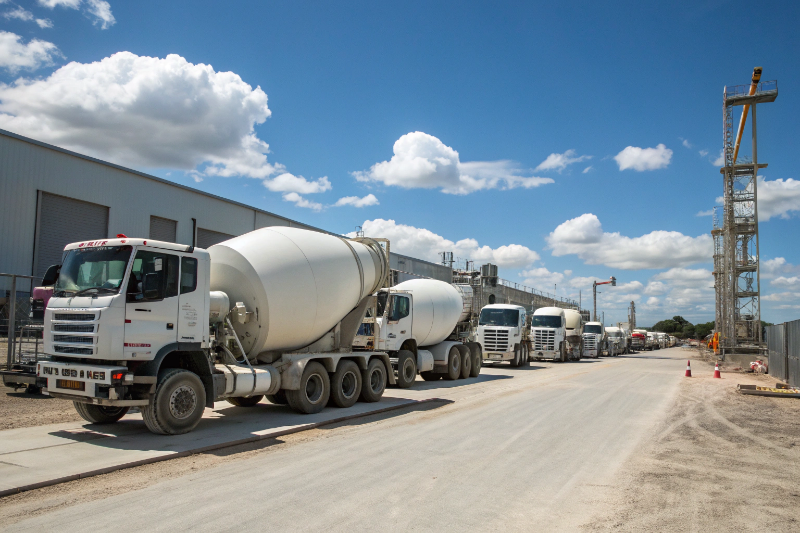 Fleet of concrete mixer trucks delivering bulk concrete supply to commercial construction site in Bundaberg
