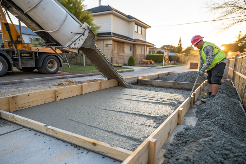 concrete crew pouring and finishing a fresh concrete slab in Bundaberg