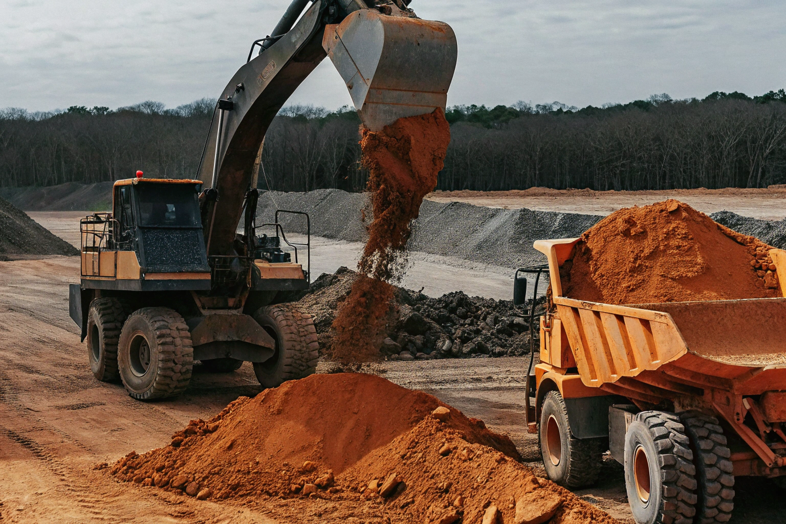 Heavy machinery loading soil during a bulk excavation project