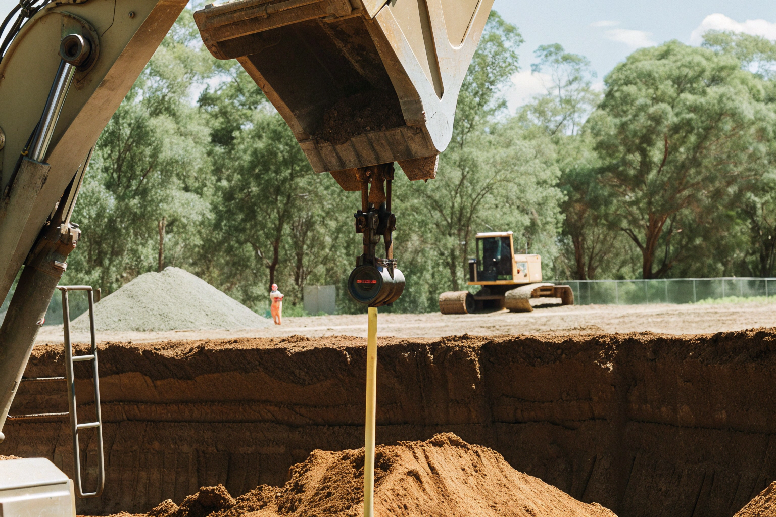 GPS-guided excavator fleet performing mass earthmoving at a Bundaberg development site