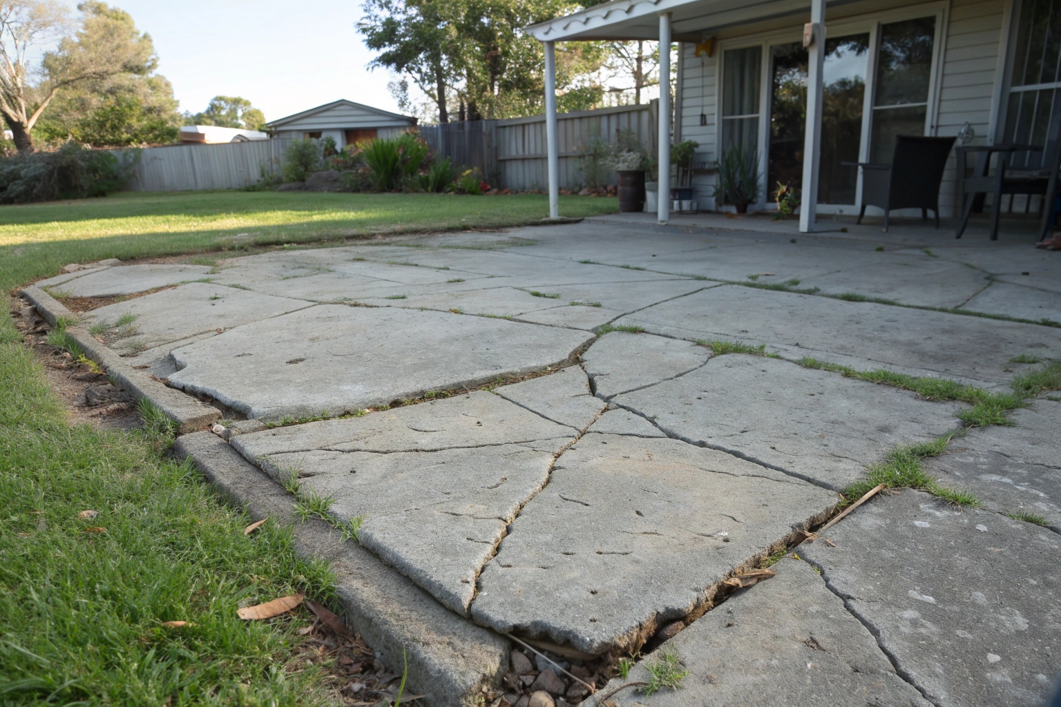 Damaged concrete patio slab requiring breaking services Bundaberg