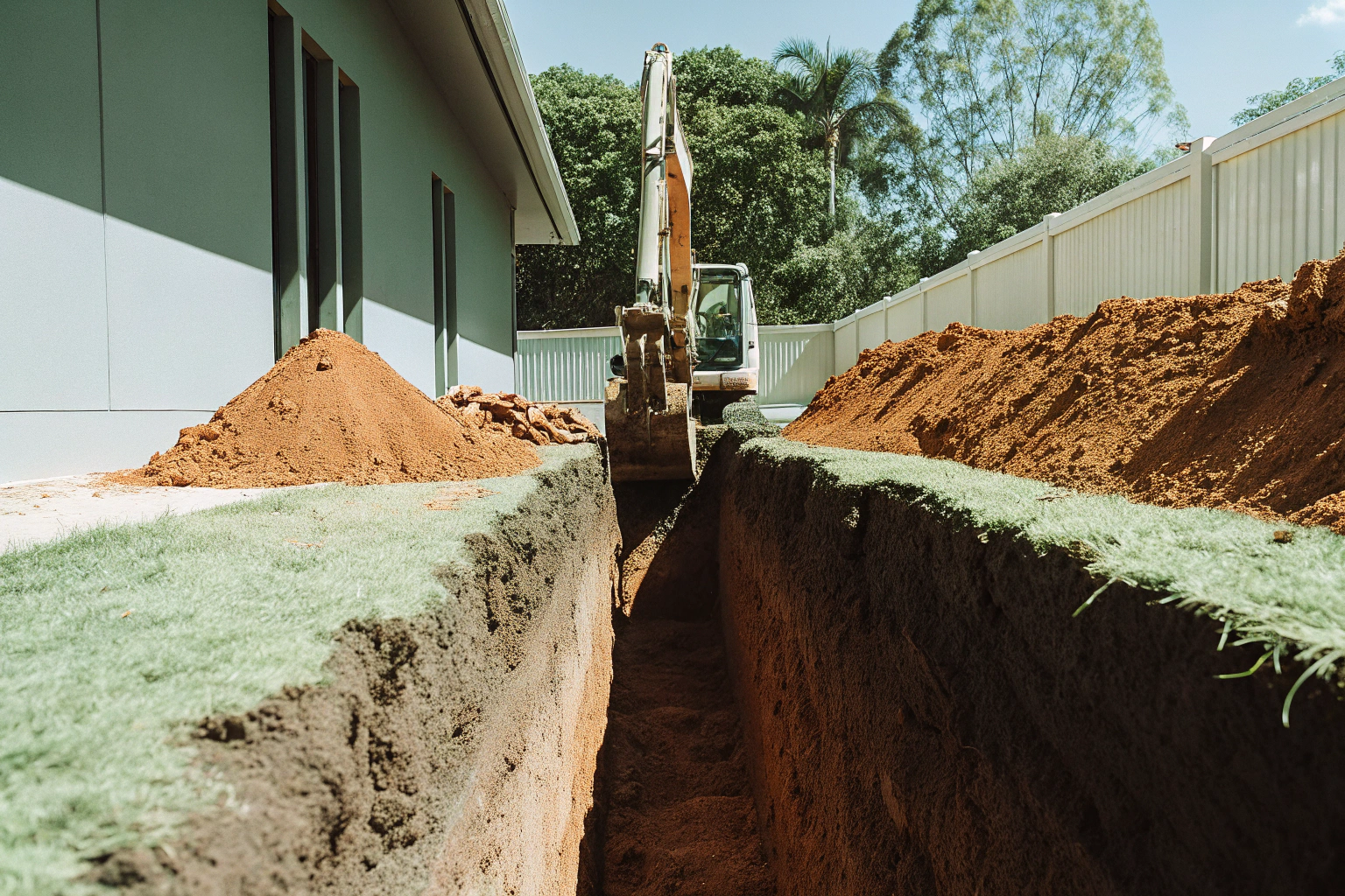 Excavator machinery digging a precise trench on site