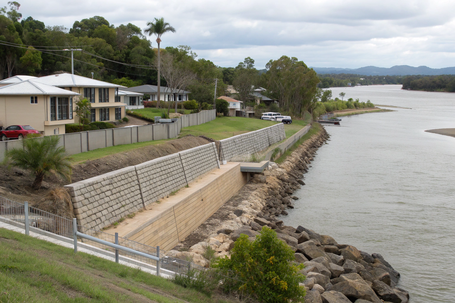 Concrete retaining wall along a riverfront coastal property