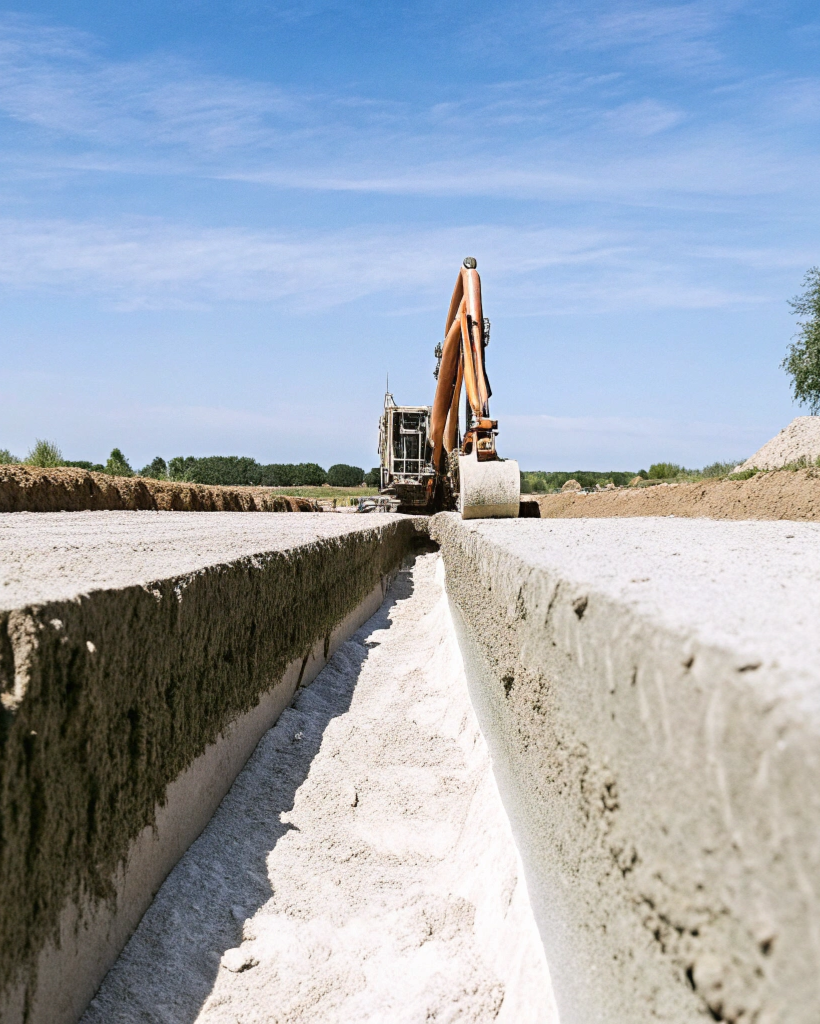 Side view of trenching excavation showing varying trench depths