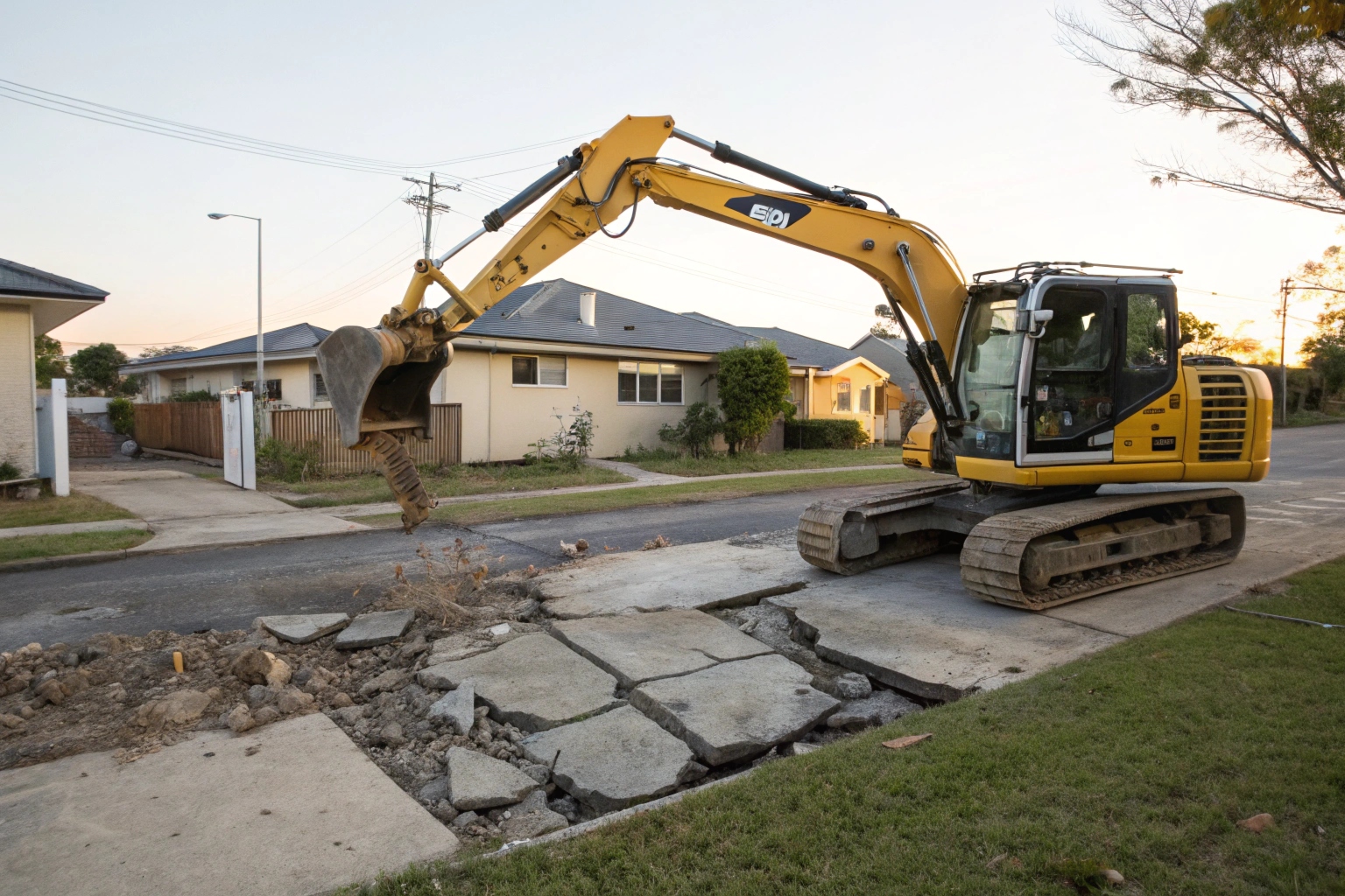 Excavator demolishing concrete slab on Bundaberg residential property